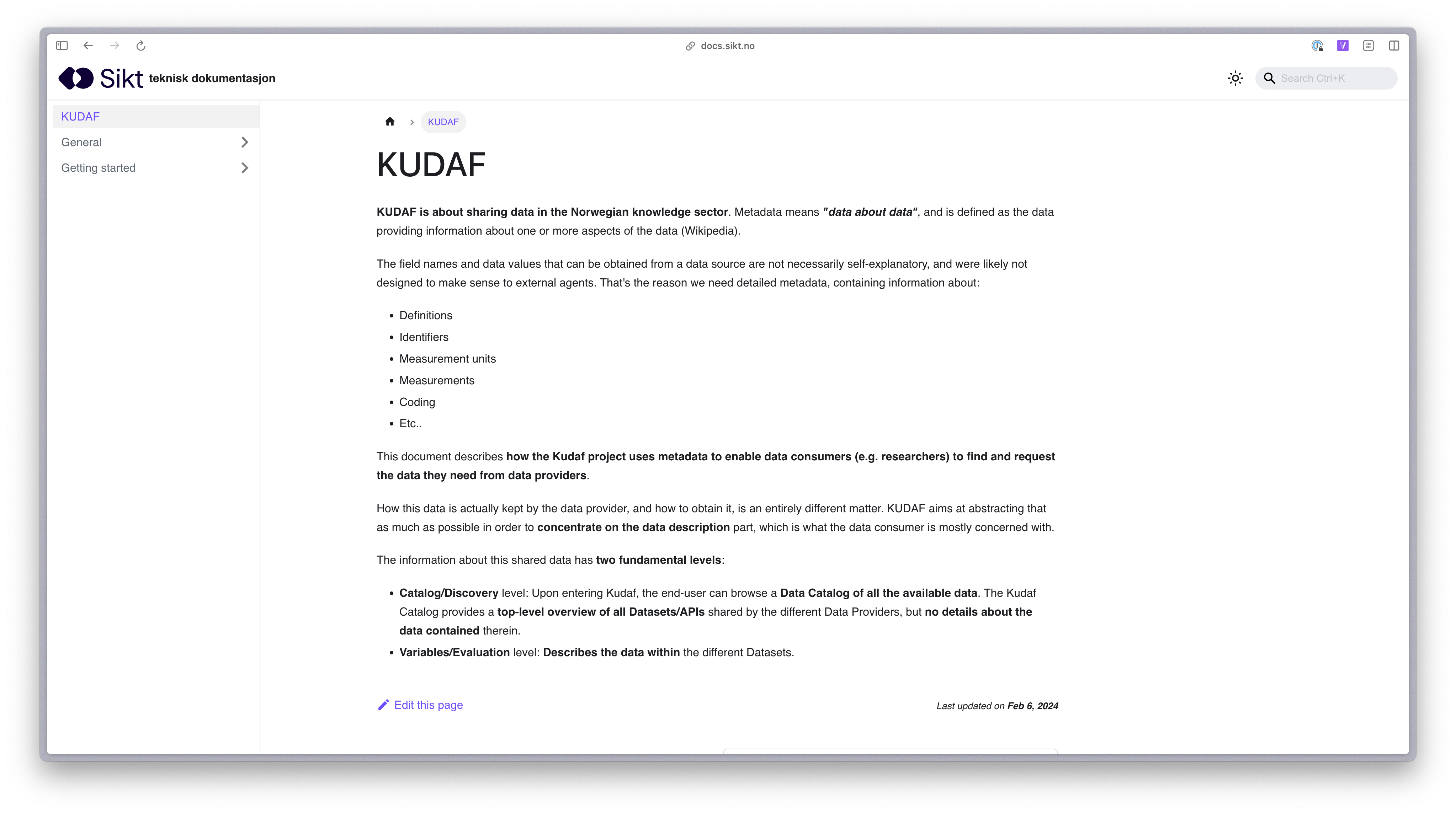 Dokumentasjon av Metadata og API